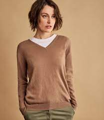 Dunedin 100% merino wool women's fashion plain colour v neck sweater. Dark Camel 20 Cashmere 80 Merino Cashmere Merino V Neck Knitted Sweater