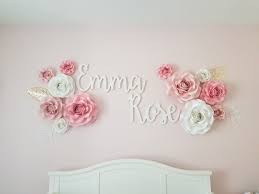 White wall flowers for nursery. Paper Flowers With Name Roses Pink And White Nursery Pink Flower Nursery Pink Girl Room Paper Flower Nursery