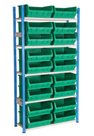 Plastic box container on shelf in the store. Commercial Grade Shelving With 28 Litre Plastic Storage Bins