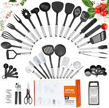 Some kitchen utensil sets have as many as 29 pieces. Buy Cooking Utensils Set 40 Pcs Cooking Utensils Nylon Cooking Utensils Set Utensil Set With Non Stick Stainless Steel Handle Kitchen Utensil Set Kitchen Sets For Home Kitchen Gifts Utensil Set Online In
