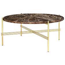 Features a solid oak wood tray top with an umber brown finish, a gray marble top, and a sleek brushed gold iron frame. Ts Round Coffee Table Medium Brown Marble Brass Rouse Home