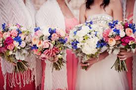 Bridesmaids in slate blue dresses with rose bouquets. Pink Blue Purple And Green Archives Bouquet Wedding Flower
