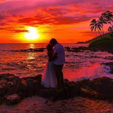 Maui Sunset Wedding With A Colorful Purple And Orange Sunset Palm Trees And Lava Rock Maui Beach Wedding Maui Weddings Beach Wedding Photos