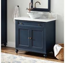 Signature Hardware 442228 Vintage Navy Keller 36 Single Vanity Set With Wood Cabinet And Marble Vanity Top Left Side Faucet Hole Blue Bathroom Vanity Small Bathroom Vanities Bathroom Vanity
