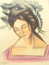 RAUL ANGUIANO PASTEL ON PAPER WOMAN WITH IGUANAS SIGNED