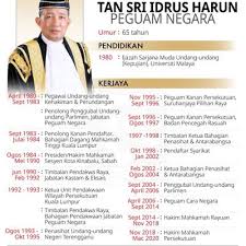He was among the four judges that ruledearlier in february that a muslim child born out of wedlock could not use his biological fatherâ€™s name in his birth certificate. Dilantik Sebagai Peguam Negara Baharu Kenali Siapa Tan Sri Idrus Harun