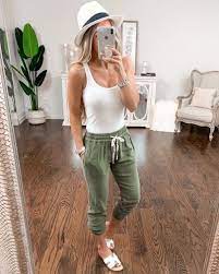 Vacation Spring Outfit Idea White Tank Top Size Xs Olive Green Joggers Pants Size Xs White Fedora Ha White Hat Outfit White Sandals Outfit Outfits With Hats