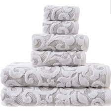 I ordered the grey and navy set. Buy Tahari Home Bathroom Towel Set 6 Pc Sroll Filligree Floral Medallion Gray White Bath Bathroom Towels Cotton Online At Low Prices In India Amazon In