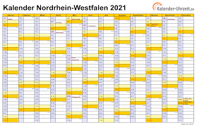 Overzichtelijke jaarkalender van 2021, de data worden per maand getoond inclusief weeknummers. Feiertage 2021 Nordrhein Westfalen Kalender