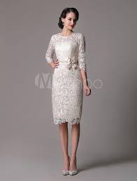 Lace Knee Length Sheath 3 4 Sleeves Dress With Satin Belt Cocktailweddingdress Knee Length Lace Dress Champagne Cocktail Dress Lace Dress
