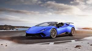 The image shows a portion of the rear profile of a blue lamborghini huracán spyder parked, the sydney opera house in the background. Lamborghini Huracan Performante Spyder