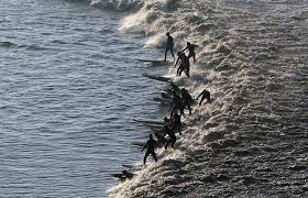 surfers catch the rare tidal wave of the river severn