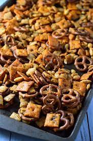 Buffalo Ranch Snack Mix Pm I Added About 1 Tbl More Butter And A Bit Extra Of All Spices Poured Sau Snack Mix Recipes Ranch Snack Mix Recipe Homemade Snacks