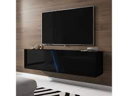 Meuble tv suspendu noir mat et bois. Meuble Tv Suspendu Alamara 160 Cm Noir Mat Noir Brillant Led Rgb Vente De Meuble Tv Conforama