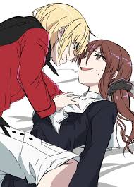 azami masurao, mario gallo bestino, noel (tsukihime), tsukihime, tsukihime  (remake), absurdres, highres, 1boy, 1girl, blonde hair, brown eyes, brown  hair, grabbing, grabbing another's breast, green eyes, grin, hair  ornament, hair scrunchie, hetero,