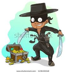 Black And Gold Cartoon Characters Cartoon Character In Black Mask Anf Hat With Swords Pistol And Treasure Chest With Diamonds Gold Coins And Gems On Blue Background