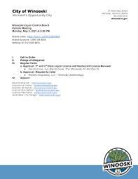 Winooski Liquor Control Board Remote Meeting Monday, May 3, 2021 at 6:00 PM  Attend online: https://zoom.us/j/91225924855 Attend