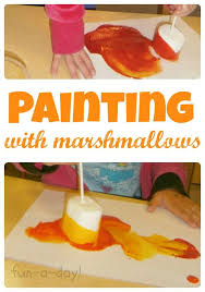 This is a fun camping activity to do with the kids, especially for preschoolers and toddlers on rainy cold days when they're stuck inside! Painting With Marshmallows Is Such A Fun Camping Theme Art Idea Camping Theme Preschool Camping Art Camping Crafts