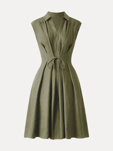 Viscose Linen Collared V Neck Midi Dress with Drawstring
