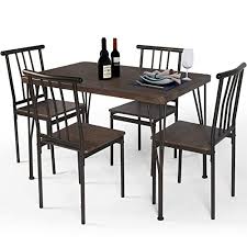 Rectangle wood kitchen table and chairs. Buy Lazzo 5 Piece Dining Table Set Wooden Kitchen Table Set With Metal Frame Rectangular Dining Room Table And 4 Chairs Set For Breakfast Nook Home Dinette Kitchen Studio Brown Online In Indonesia