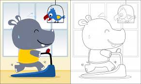 Livre De Coloriage Avec Dessin Anime Hippo En Cours D Execution Sur Un Tapis Roulant Vecteur Premium