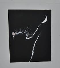 Black And White Canvas Painting Easy Cat Moon Silhouette Canvas Painting Bedroom By Vonettesartwork Cat Art Painting Silhouette Canvas Black And White Art Drawing