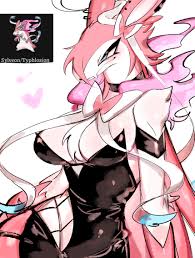 usa37107692, sylveon, typhlosion, creatures (company), game freak,  nintendo, pokemon, pokemon infinite fusion, highres, 1girl, bare arms,  black dress, blue eyes, blush, breasts, closed mouth, dress, ear piercing,  fang, fang out, fire, furry,