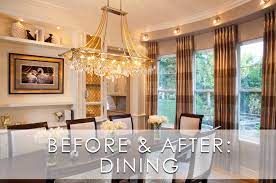 The crisp white chairs, rustic wood table and chippy cabinet are all so charming and inviting! Glamorous Modern Dining Room Before And After Robeson Design San Diego Interior Designers