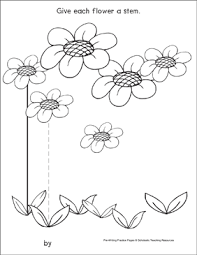The template includes 6 lines for writing, with a dotted middle line and descender line to help students practice lower case and upper case letters. Straight Lines On Flowers Pre Writing Practice Page Printable Skills Sheets