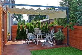 Protection Solaire Avec Une Pergola Tissu Pour Le Coin Repas Dans Le Jardin Pergola Bioclimatique Amenagement Jardin Pergola Terrasse