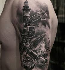 Black And White Nautical Half Sleeve Tattoo Designs 30 Lighthouse Tattoo Ideas Cuded Lighthouse Tattoo Shoulder Tattoo Tattoo Designs