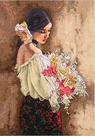 With a beginner cross stitcher, i skip the backstitching (unless they're already familiar with how to do it) and just focus on the cross stitch. Amazon Com Dimensions Advanced Counted Cross Stitch Kit Woman With Bouquet 18 Count Beige Aida 11 X 15
