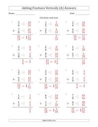 adding proper fractions vertically with denominators from 2 to 9 a