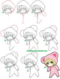Learn How To Draw A Cute Chibi Girl Dressed In A Hooded Bear Onesie Costume With Easy Steps Drawing Lesson For Kids How To Draw Step By Step Drawing Tutorials