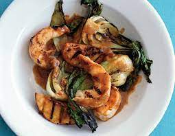 Grilled Shrimp Satay With Peaches And Bok Choy Recipe At Epicurious Com Bok Choy Recipes Grilled Seafood Recipes Seafood Recipes