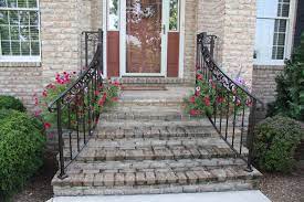 Front Entry Step With Black Wrought Iron Exterior Railings Antietam Iron Works Outdoor Stair Railing Iron Railings Outdoor Exterior Stairs