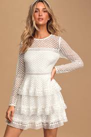Enjoy an array of bright colors or subdued, timeless hues. Chic White Crochet Lace Tiered Mini Dress Long Sleeve Dress Lulus