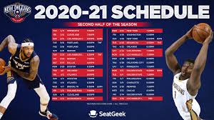 Full schedule for the 2020 season including full list of matchups, dates and time, tv and ticket information. New Orleans Pelicans Announce Second Half Of 2020 2021 Regular Season Schedule Presented By Seatgeek New Orleans Pelicans