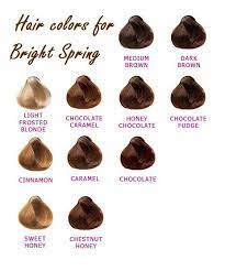 Hair Color Suggestions For Bright Spring Ranging From Clear Blonde To Dark Brown And Lovely Golden Br Spring Hair Color Hair Color Chocolate Hair Color Chart