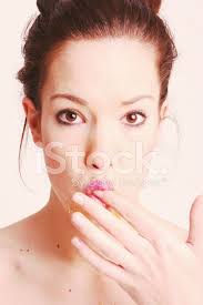 Brown Eye Girl Licking Finger With Honey Stock Photo