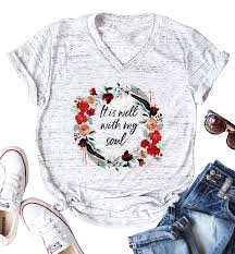 It Is Well With My Soul Christian T Shirt Women Funny Letter Print Flowers Garland Graphics Tops Tee For Women