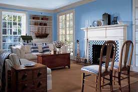 A light blue basement will feel more spacious, bright, and airy. Pin By Poonam Deshpande On Shabby Chic French Reclaimed Blue Living Room Blue Painted Walls Paint Colors For Living Room