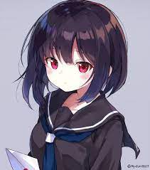 イラスト オリジナル みゅとん ソロ 長身像 赤面 短い髪 黒髪 simple background looking away signed upper body grey background from above twitter username 女の子 unif イラスト キャラクターデザイン キャラクター 絵
