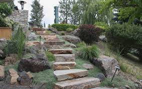 Drive wooden stake into ground to establish height of finished staircase. Seven Styles Of Stone Steps In The Landscape Pacific Garden Design