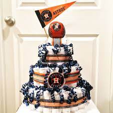 Astros Diaper Cake I Made For My Niece S New Baby Took This To The Hospital Instead Of Diapers And Baseball Baby Shower Theme Baby Shower Baseball Baby Shower