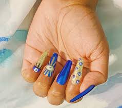 Evil Eye Long Coffin Nails Evil Eye Nails Long Acrylic Nails Coffin Blue And White Nails