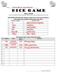 Ser Vs Estar Spanish Dice Game Classroom Games Spanish