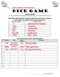 Ser Vs Estar Spanish Dice Game Classroom Games Spanish