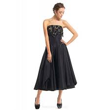 Australia Cocktail Party Dress Black A Line Strapless Tea Length Lace Taffeta Black Formal Dresses