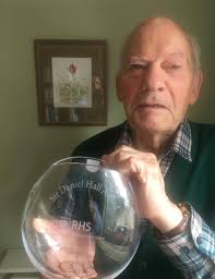 David Bellman, Founder of Monkton Elm Garden Centre was thrilled to receive  the award of Honorary Life Member of the Taunton Flower Show from Chairman  Adrian Prior-Sankey at a special event held